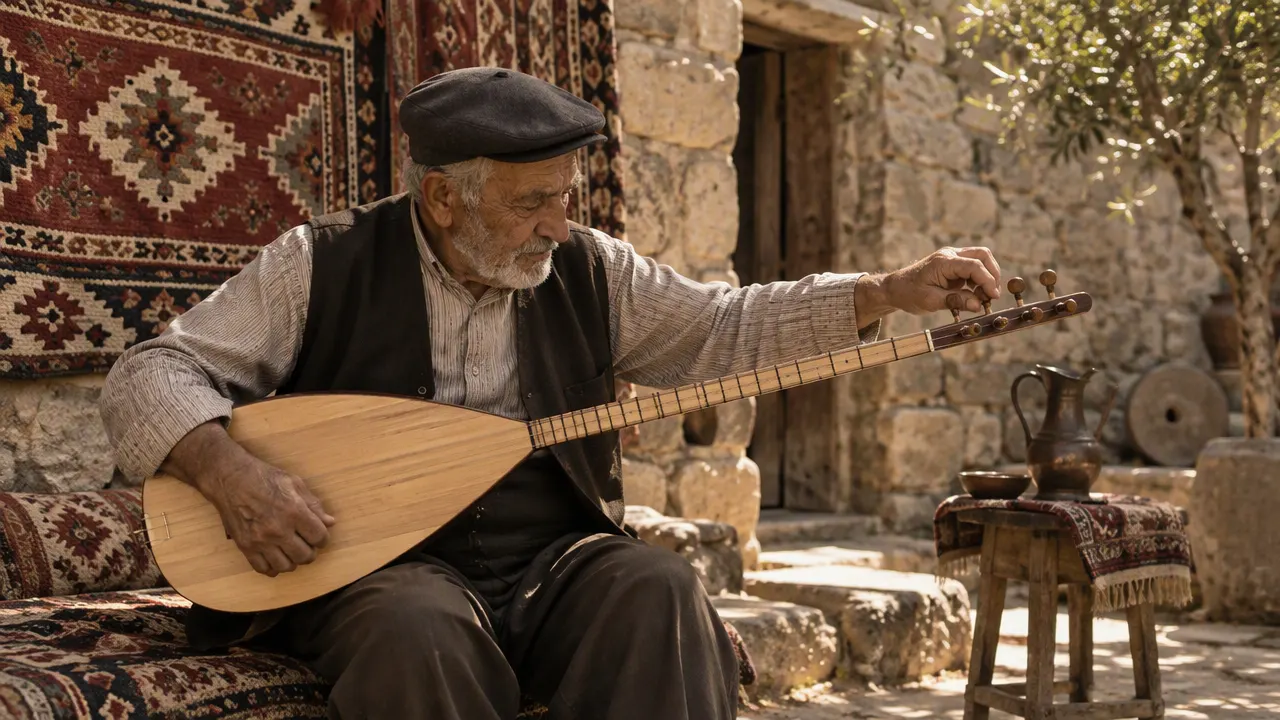 Taş avluda bağlamasını akort eden yaşlı bir ozan