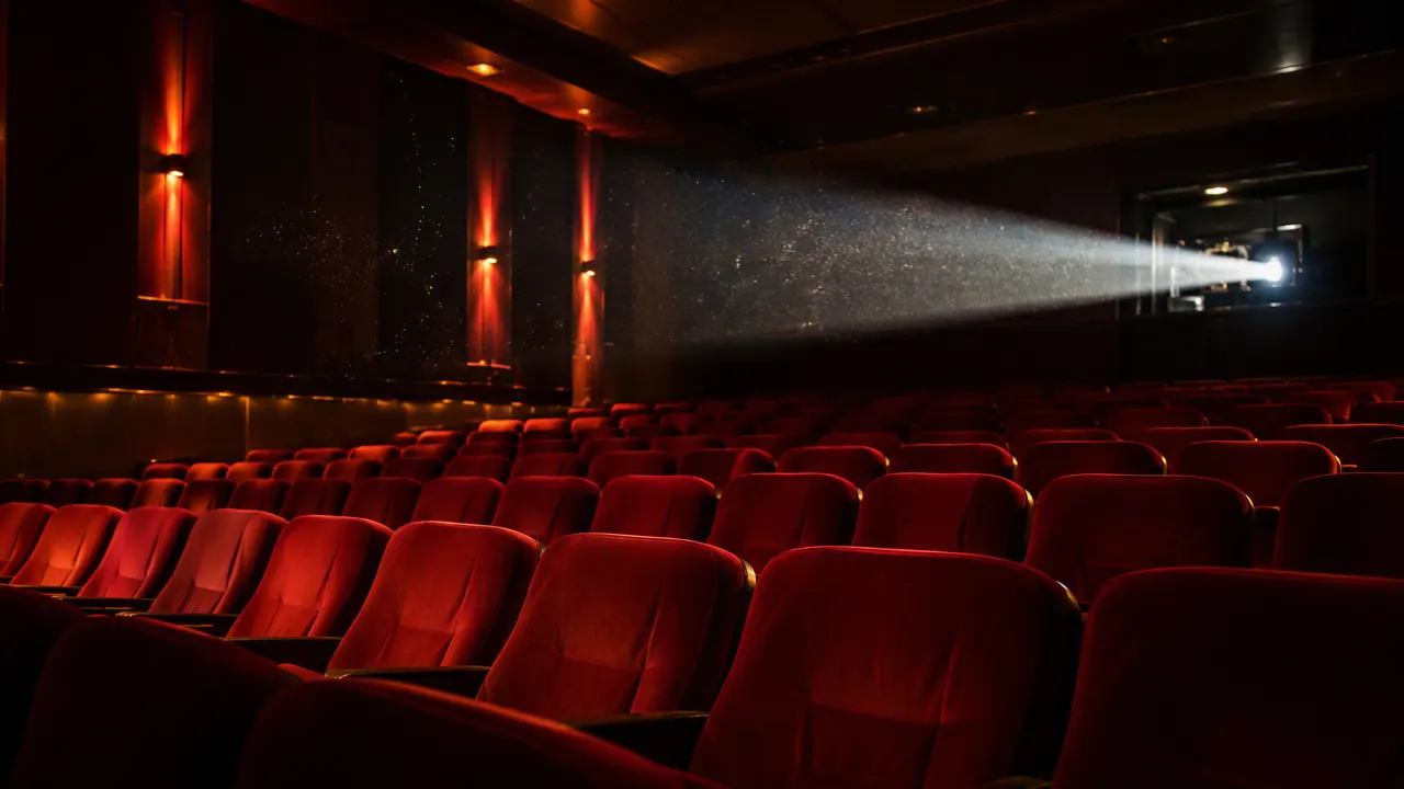Karanlık sinema salonunda boş koltuklar ve projektör ışığı