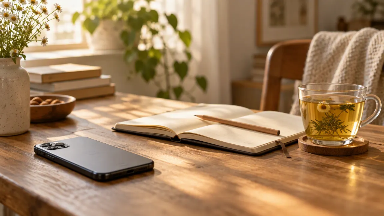 Masada ters çevrilmiş telefon, defter ve bitki çayı