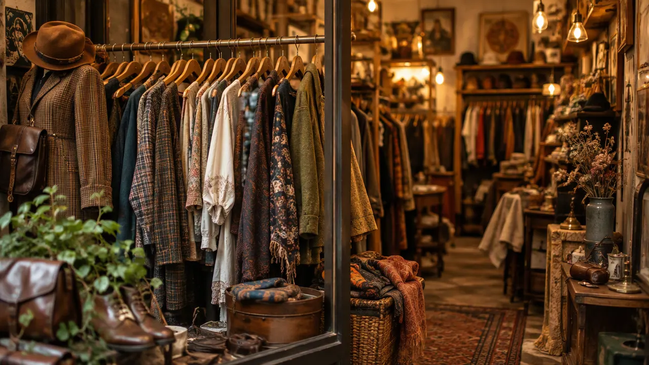 İkinci el moda dükkânında ahşap askılarda vintage giysiler