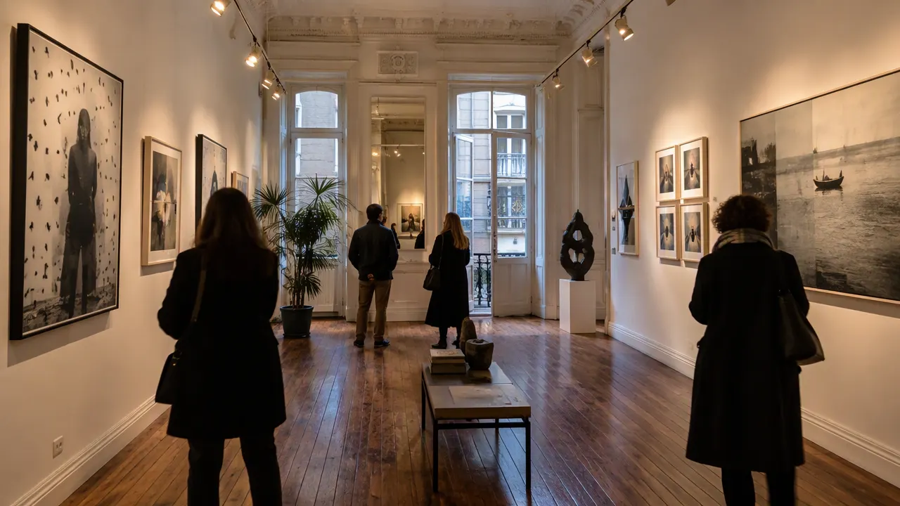 Küçük bir bağımsız galeride duvara asılı çağdaş eserler