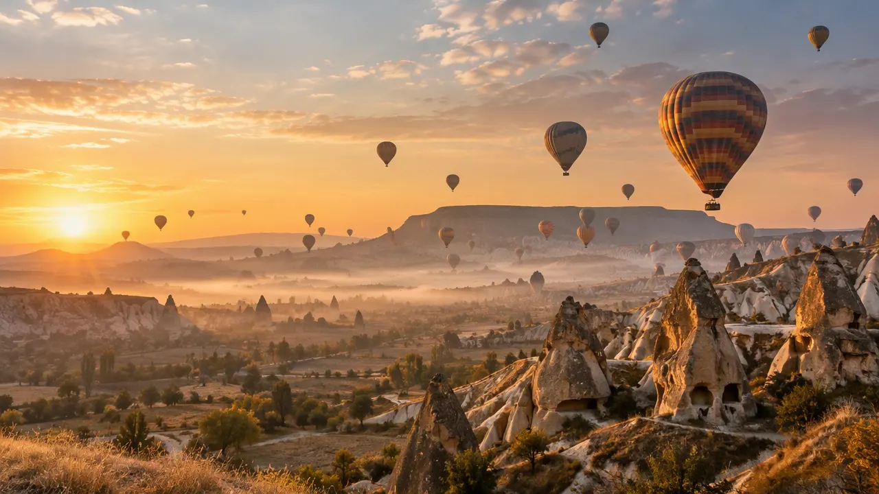 Şafak vakti Kapadokya vadilerinin üzerinde yükselen sıcak hava balonları