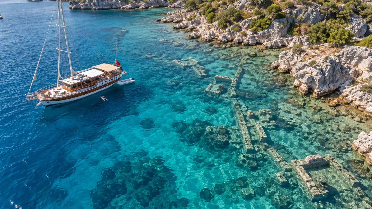 Kekova açıklarında ahşap gulet ve su altındaki antik kalıntılar