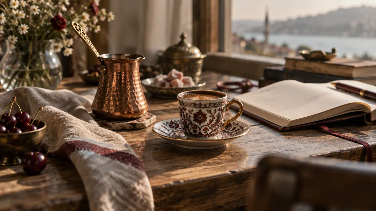 Ahşap masada bakır cezve, Türk kahvesi fincanı ve açık defter