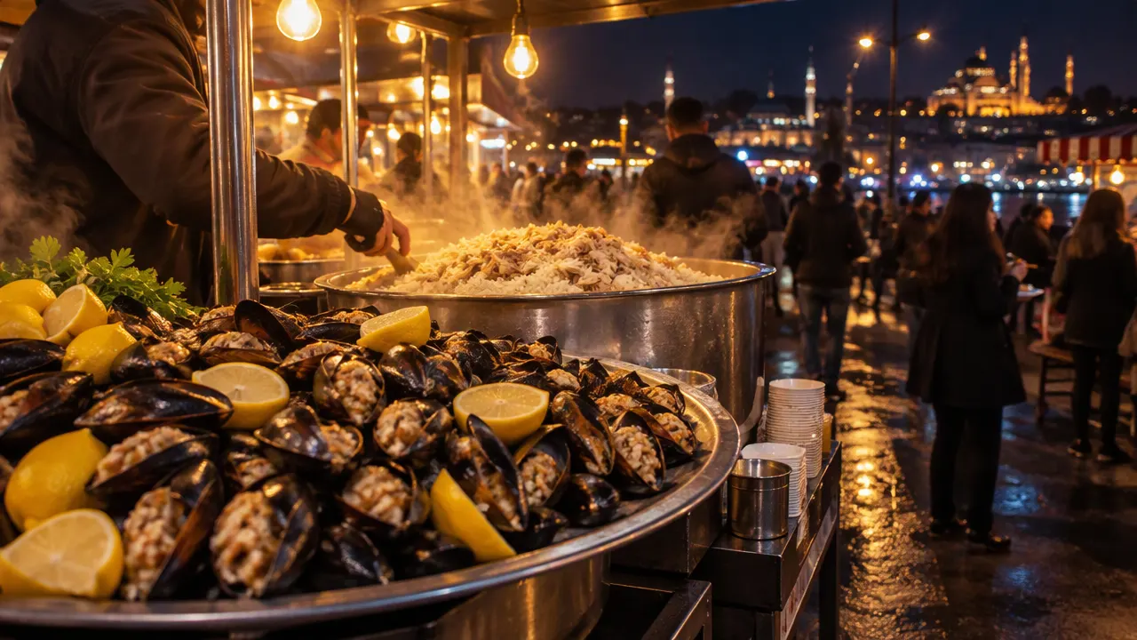 Gece sokak tezgâhında midye dolma tepsisi ve pilav kazanı